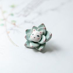 Cute ceramic cat in succulent brooch Small white kitten pin Cat lover gift Cat lady jewelry Whimsical cat pin