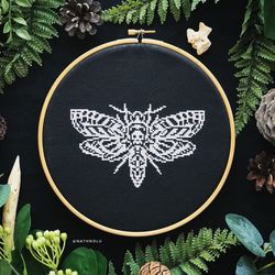Death's Head Moth Cross Stitch Pattern PDF Glow In The Dark Gothic Hawkmoth Mystical Insect Embroidery Instant Download