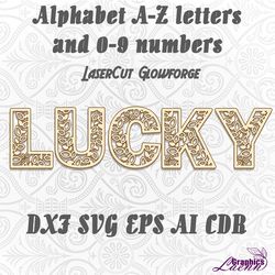 Lucky alphabet 26 letters 10 numbers laser cut vector, cnc plan, glowforge, cricut, any thickness, DXF CDR SVG ai eps