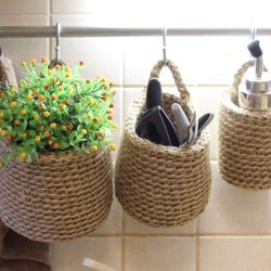 Set of wall baskets, crocheted. Hanging wicker containers. Wall storage. Jute baskets. farm house wall decor