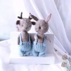Set of Soft Deer and Banny in pants, Woodland Stuffed Animals Dolls with clothes, Nursery Decorative Toy, Cute Gift