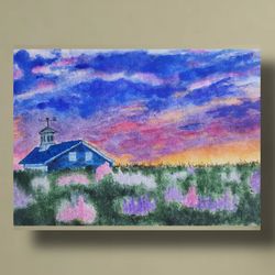 Sunset painting original watercolor art flower fields village landscape 