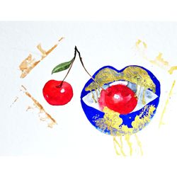 Lips Painting Cherry Original Art Fruit Artwork Lips Small  Painting Watercolor Wall Art