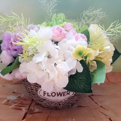 Hydrangea floral arrangement in basket, Summer Floral Centerpiece, Faux Hydrangea centerpiece, Pink Hydrangea bouquet