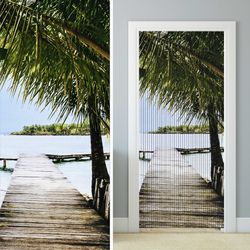 Doorway curtain tropical beach, fly string curtains, palm trees with bridge