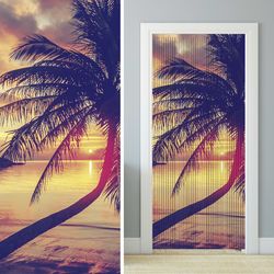 Doorway curtain sunset print, fly string door curtains, palms on a tropical beach