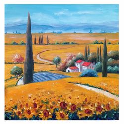 Sunflower Painting, Tuscany Landscape, Original Art, Tuscany Italy Painting, Rural Landscape, Floral Oil Painting