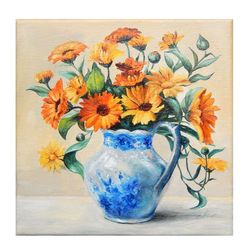 Yellow Flower Painting Calendula Original Art Floral Oil Painting Flowers In Vase Wall Art Floral Still Life Small