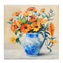 yellow flower painting calendula original art floral oil painting flowers in vase wall art floral still life small