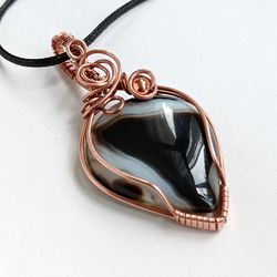 Black Agate Wire Pendant, Crazy Wire-braided Agate, Agate Necklace