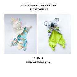set of patterns 2 in 1 unicorn and koala baby lovey, baby comforter pattern