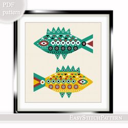 Scandi cross stitch pattern. Abstract fish cross stitch. Ethnic cross stitch pattern.
