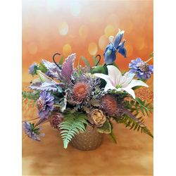 Artificial flower arrangement, Purple Floral Centerpiece, Faux flower table décor, Violet and grey floral centerpiece