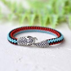Blue & orange snake bracelet, Turquoise garter snake bracelet, Ouroboros, Serpent bracelet, Snakeskin bracelet