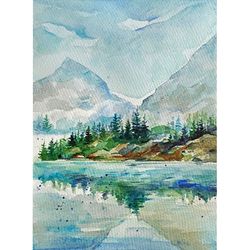 Mountain Painting Forest Original Art Watercolor Artwork Foggy Forest Misty Landscape Wall Art by AlyonArt 