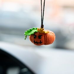 Stuffed pumpkin car accessory for women for Halloween, car boho decoration, rear view mirror charm, crochet car pendant
