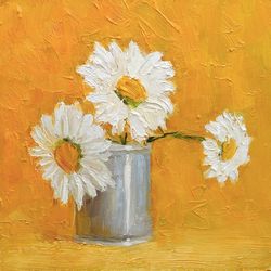Daisy Painting Wildflowers Original Art Floral Artwork Flower Wall Art Impasto Painting 6x6 by Sonnegold