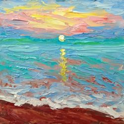 Seascape Painting Sunset Original Art Ocean Artwork Impasto Oil Wall Art 6x6 by Sonnegold