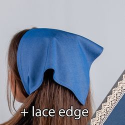 Solid color cottagecore triangle head scarf. Teal blue chambray bandana headband. Cotton lace edge hair kerchie