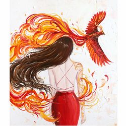 Phoenix Oil Painting Phoenix Original Art Phoenix and Woman Artwork on Canvas