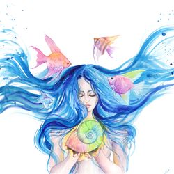 Water Goddess Painting Woman and Pisces Original Art Woman Sea Watercolor