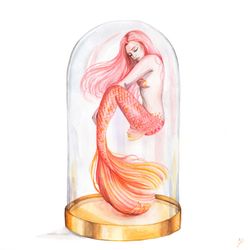 Mermaid Painting Pink Mermaid Original Art Mermaid in Bottle Watercolor Artwork