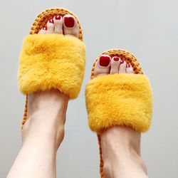 Women house shoes Fur Mustard slippers Faux fur Cotton Crochet slippers