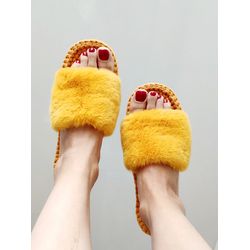 Women house shoes Fur Mustard slippers Faux fur Cotton Crochet slippers