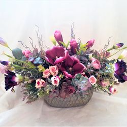 Magnolia and roses centerpiece, Purple floral arrangement, Silk flower décor, Faux magnolia and roses table arrangement