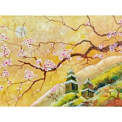 Cherry Blossom Oil Painting Mountain Landscape Original Art Sakura Wall Art Japanese Pagoda
