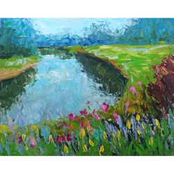 River Painting Landscape Original Art Small Artwork Countryside Wall Art 8x10 by Sonnegold