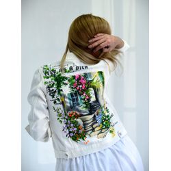 White hand painted summer denim jacket women, cottagecore print jacket, designer jacket custom, fabric painted clothes