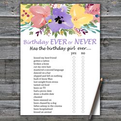 Watercolor flowers Birthday ever or never game,Adult Birthday party game printable-fun games for her-Instant download