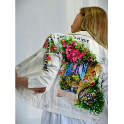 White hand painted summer denim jacket women,  cottagecore print jacket, girl designer jacket custom