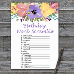 Watercolor flowers Birthday Word Scramble Game,Adult Birthday party game printable-fun games for her-Instant download