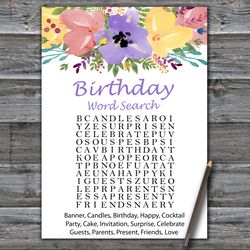 Watercolor flowers Birthday Word Search Game,Adult Birthday party game printable-fun games for her-Instant download