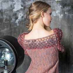 Knitted Trimmed Orange-grey Pullover. Handknit Boho Embroidery Woman Sweater. Handmade.