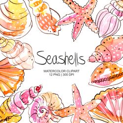 Watercolor Seashells Clipart, Ocean Clipart, Watercolor shells, Watercolor Nautical Summer Beach Clipart, PNG