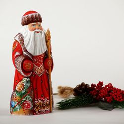 Collectible Russian Santa Claus, hand carved Santa, Wooden Santa figure, 8 inch tall