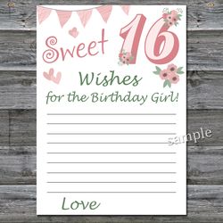 Sweet 16th Wishes for the birthday girl,Adult Birthday party game printable-fun games for her-Instant download