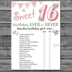 Sweet 16th Birthday ever or never game,Adult Birthday party game printable-fun games for her-Instant download