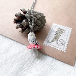 Ceramic snowy owl and amanita mushroom necklace Cute owl and fly agaric pendant Owl lover gift Witchy necklace