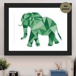 geometric elephant cross stitch pattern, green cross stitch pattern, animal embroidery, instant download, digital pdf