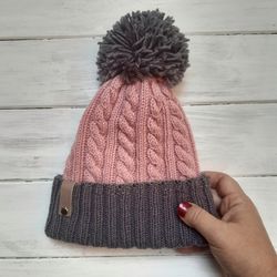 Warm Hand Knit Women Pink Gray Hat Fall Winter With Pom Pom Handmade Size XXS XS S