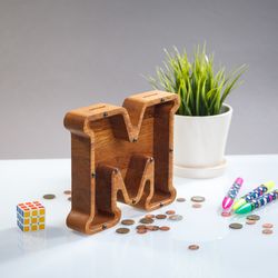 Personalized piggy bank LETTER Christmas gift for kid Wooden coin bank First birthday gift for boys girls Montessori toy