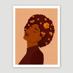 Black woman with orange flowers in her hair, DIGITAL art, melanin art, african art, black girl with natural hair poster.