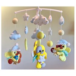 Baby Mobile For Crib or Bassinet, Expecting Mom Gift, Felt Yellow Poppies Animals Hanging Nursery Felt Decor, Baby Gift