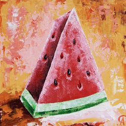 Watermelon Painting Fruit Still Life Original Art Kitchen Wall Art Small Oil Artwork  8 by 8 in