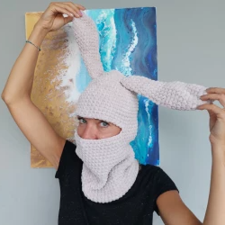 Crochet Bunny Balaclava Face Mask Bunny Ears Hat Cream Velvet Animal Hat Rabbit Ear Hat Sci Mask Balaclava with Ears