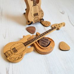 Wooden guitar box for guitar picks, personalized guitar pick case for gift, custom bass guitar gift, custom wooden pick